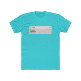 A plain, bright blue t-shirt with an image on the front styled like a mobile push notification from a phone app. The notification shows a “Missed Call” from a contact called “Referee”. 