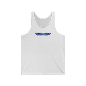 A plain, white tank top. The tank top has a FantasyPros logo on the front in dark blue lettering, with dark blue and red pilot stripes on either side of the logo. Underneath the logo is the phrase “There are no points for second place” with a red star in the middle of the words.
