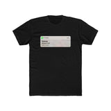 A plain, black t-shirt with an image on the front styled like a mobile push notification from a phone app. The notification shows a “Missed Call” from a contact called “Referee”. 