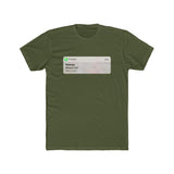 A plain, military green t-shirt with an image on the front styled like a mobile push notification from a phone app. The notification shows a “Missed Call” from a contact called “Referee”. 