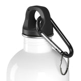 A close-up picture of the water bottle, showing the twist top and included carabiner. 