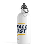 A white, 14oz, stainless steel water bottle with a FantasyPros Football Podcast logo that wraps around the front and sides of the bottle. The bottle is shown from the right side. The logo features the FantasyPros “F” logo, the words “Football Podcast” in navy blue lettering; some yellow lines; and a pair of yellow headphones around an NFL football.