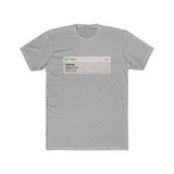 A plain, light grey t-shirt with an image on the front styled like a mobile push notification from a phone app. The notification shows a “Missed Call” from a contact called “Referee”. 