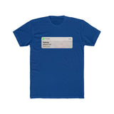 A plain, royal blue t-shirt with an image on the front styled like a mobile push notification from a phone app. The notification shows a “Missed Call” from a contact called “Referee”. 