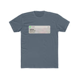 A plain, indigo t-shirt with an image on the front styled like a mobile push notification from a phone app. The notification shows a “Missed Call” from a contact called “Referee”. 