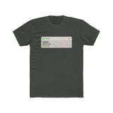 A plain, metal grey t-shirt with an image on the front styled like a mobile push notification from a phone app. The notification shows a “Missed Call” from a contact called “Referee”. 