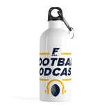 A white, 14oz, stainless steel water bottle with a FantasyPros Football Podcast logo that wraps around the front and sides of the bottle. The bottle is shown from the front. The logo features the FantasyPros “F” logo, the words “Football Podcast” in navy blue lettering; some yellow lines; and a pair of yellow headphones around an NFL football.