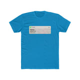 A plain, turquoise t-shirt with an image on the front styled like a mobile push notification from a phone app. The notification shows a “Missed Call” from a contact called “Referee”. 